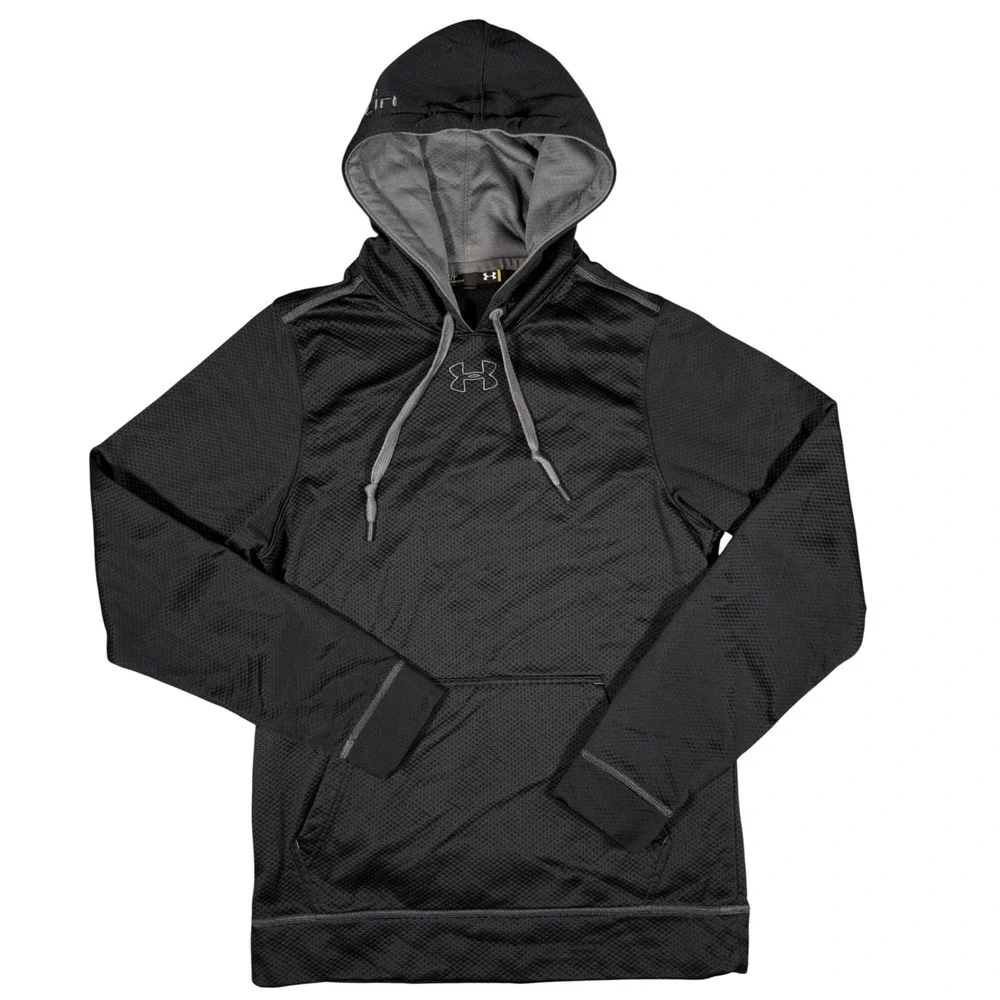 Under Armour Mens Hoodie Small Black Textured‎ Fleece Pullover 1232723 Loose Fit